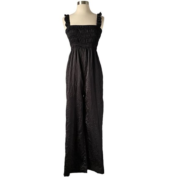 Ganni Crinkle Satin Jumpsuit Size 2 Black Smocked Ruffle Wide Leg - Picture 2 of 8